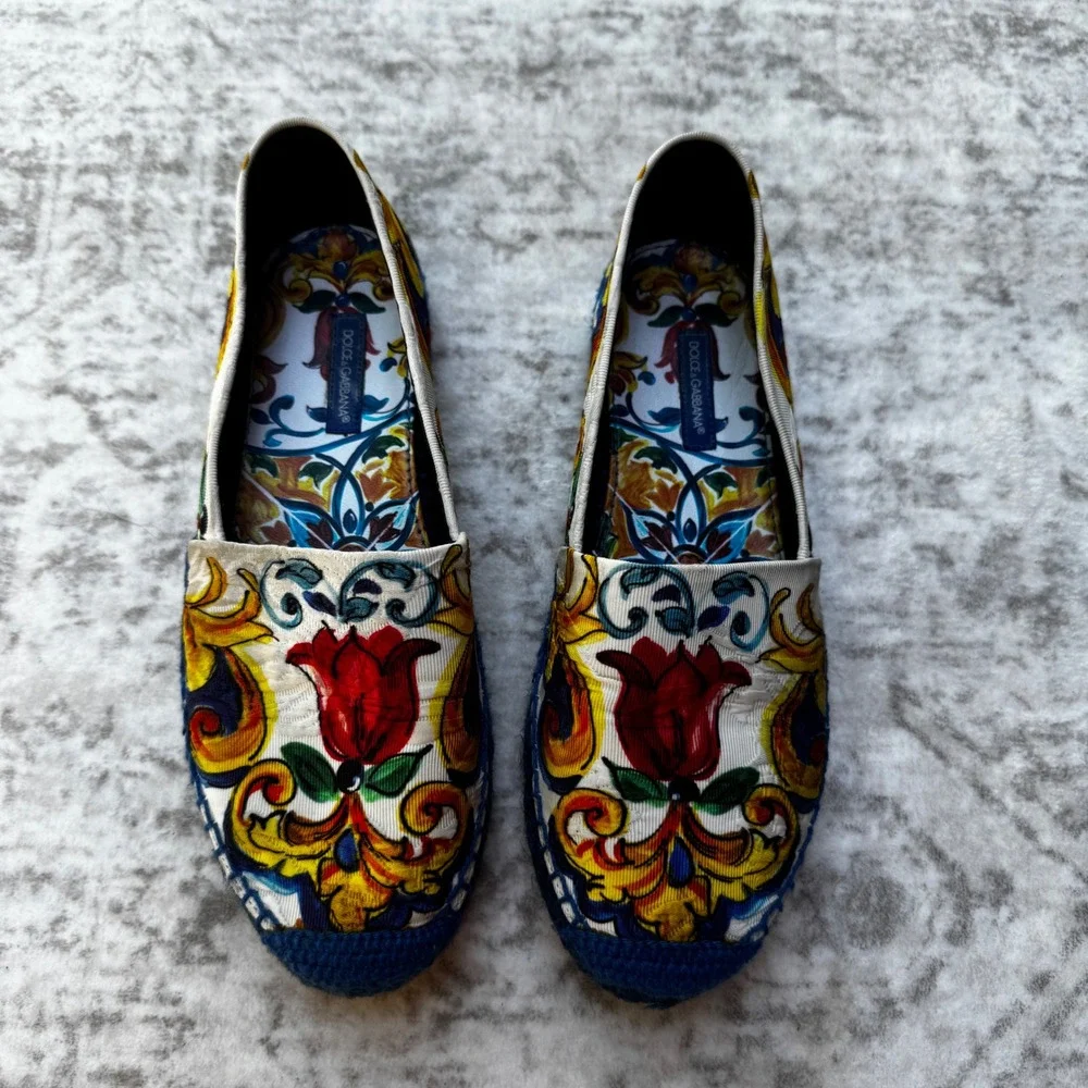 Dolce & Gabbana Majolica Print Espadrilles Blue Jute Flats Size 36 US Size 6